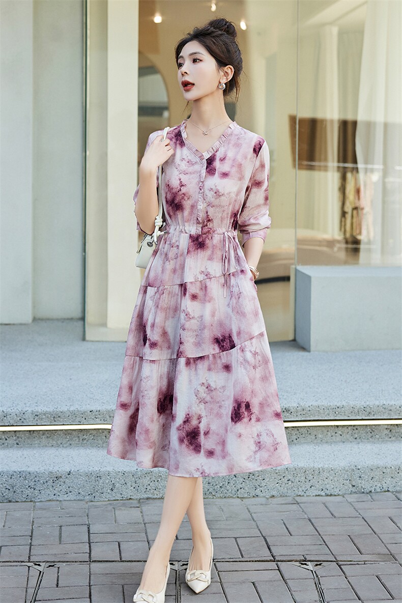 棉麻碎花连衣裙女2025春秋新款长袖收腰显瘦木耳边领气质减龄裙子,女装连衣裙,鑫思依格