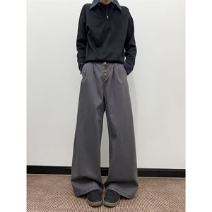 美式美拉德排扣设计休闲裤男女秋季痞帅宽松工装裤情侣拖地长裤子图片