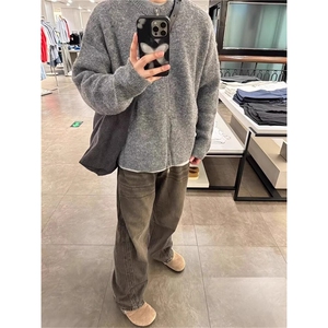 灰色高级感开衫毛衣男秋冬松弛感慵懒风针织衫格雷miu系穿搭外套图片