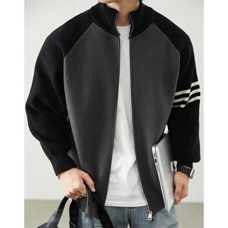 重磅秋冬北极绒开衫毛衣美式复古休闲慵懒风撞色立领针织衫外套，男装针织衫/毛衣，电商A486-1