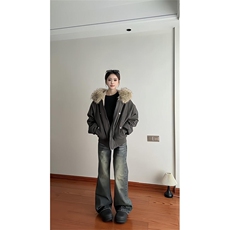 现货重磅boxy短款棉衣座山雕大毛毛领男女棉服水洗工装厚外套，男装棉衣，电商A443