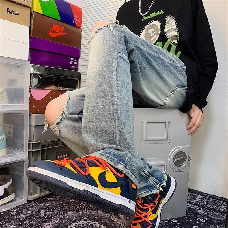 复古破洞牛仔裤男拉链设计裤子宽松直筒阔腿长裤NK525,男装牛仔裤,星座1116A-1（原606A）