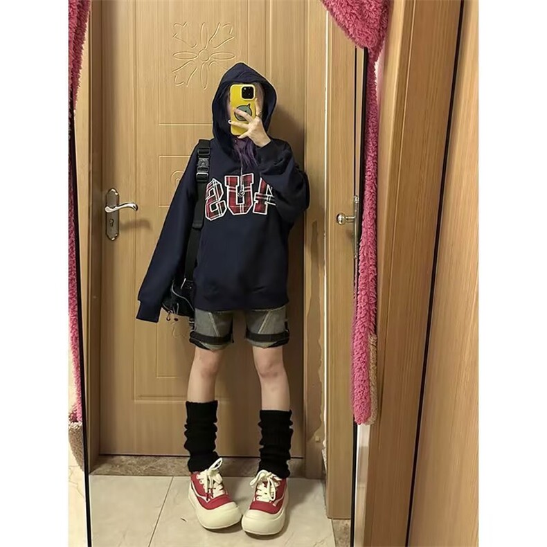 美式街头潮牌格子刺绣数字宽松套头连帽卫衣男女情侣帽衫WY852,男装卫衣,星座516A