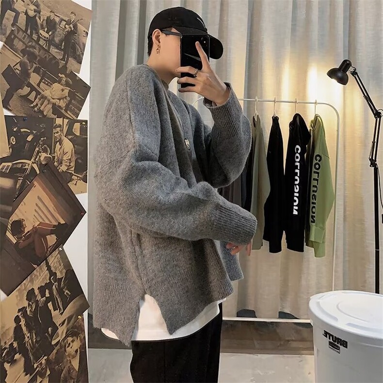 慵懒风宽松开叉圆领毛衣男纯色套头毛衣打底针织衫MY621-P38,男装T恤,星座1001-1