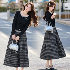 小香风长袖时尚套装裙女2026春秋款气质显瘦气质格纹半身裙两件套，女装套装/套裙，意芙