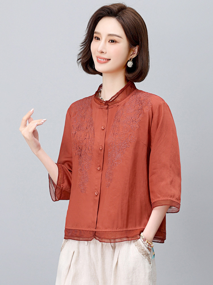长期有货夏装新款苎麻莱赛尔衬衫新中式天丝刺绣上衣中短袖T恤女,女装衬衫,璐依舞