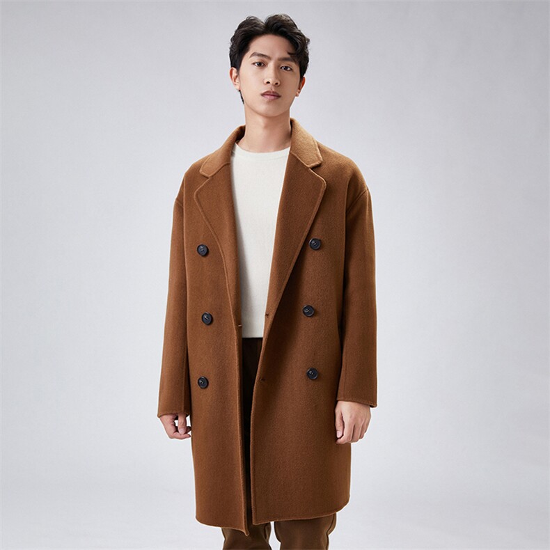2025年夏季保暖防寒修身型长款翻领落肩袖双排扣长袖日常时尚百搭，男装毛呢大衣，蒙绒特