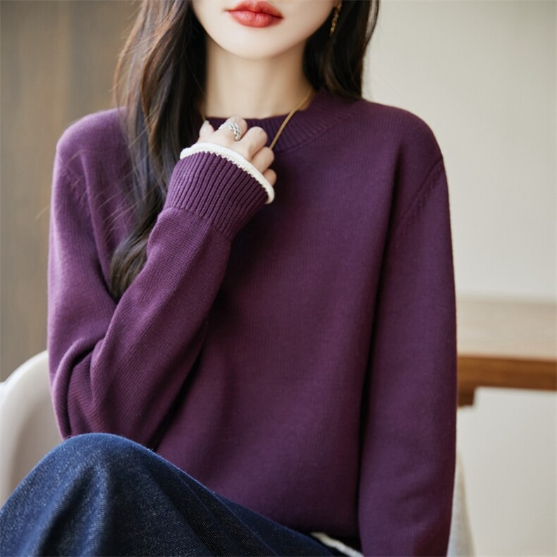 2025秋新款法式撞色100%纯棉针织衫宽松休闲打底衫女毛衣保暖加厚,针织衫/毛衣,长今羊
