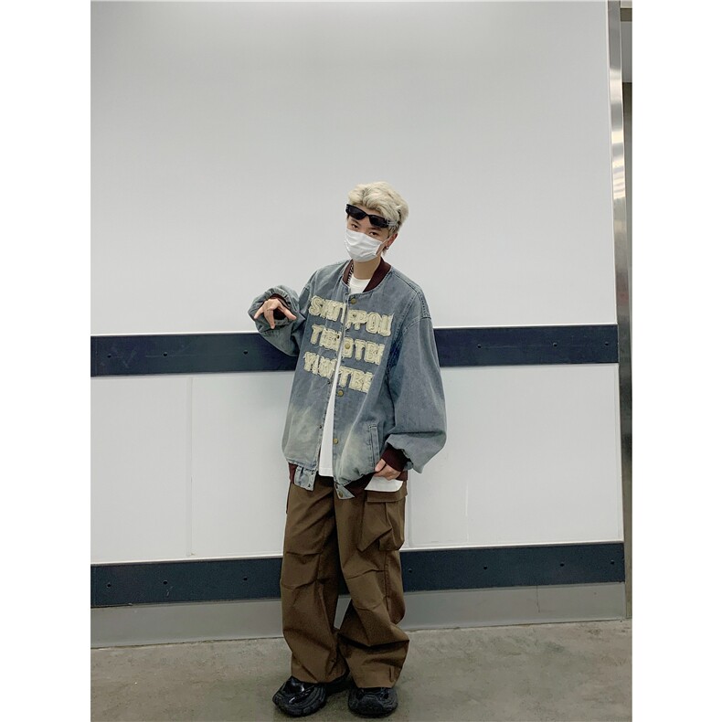美式水洗做旧棒球服外套男秋季vibe潮牌宽松休闲字母贴布牛仔夹克图片