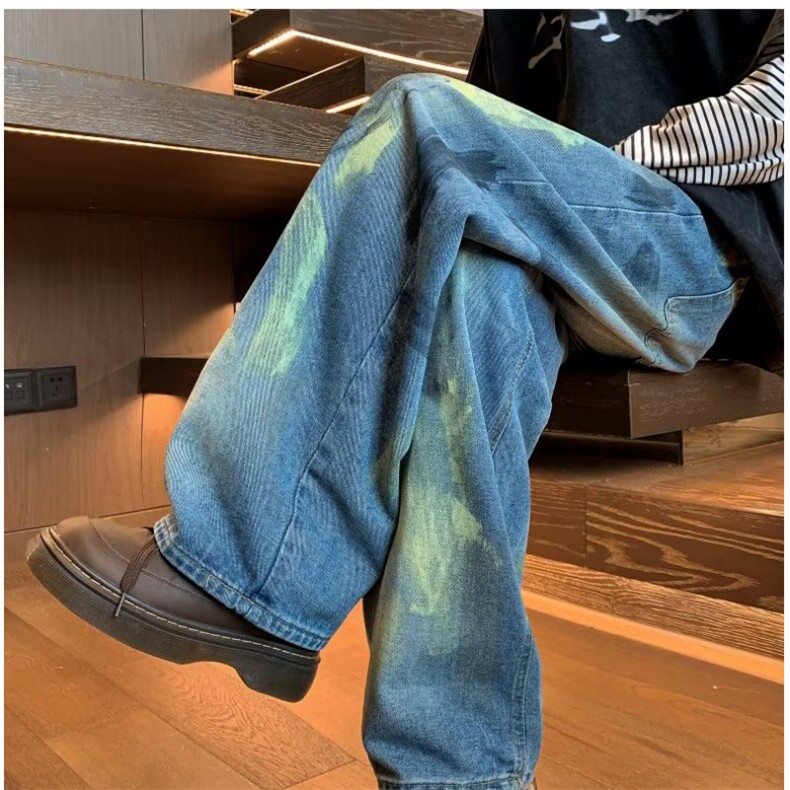 美式复古泼墨脏染破坏弯刀牛仔裤男女小众设计感宽松阔腿休闲裤,男装牛仔裤,四季星座505
