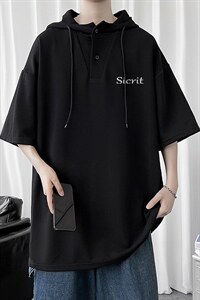 LD54098-P45 连帽短袖t恤男大码胖子带帽五分袖中袖图片