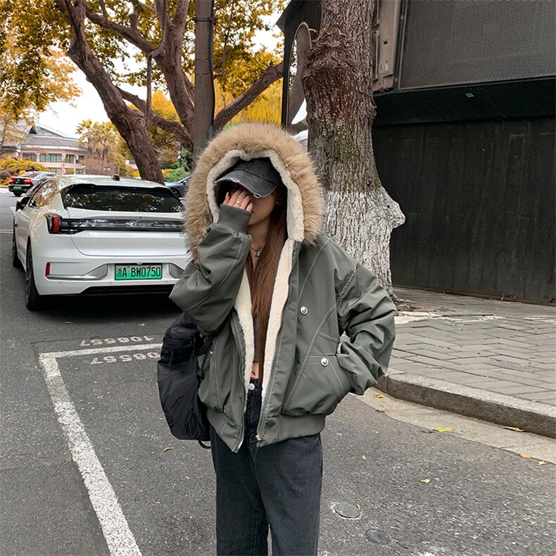 现货重磅boxy短款棉衣座山雕大毛毛领男女棉服水洗工装厚外套,男装棉衣,电商A486