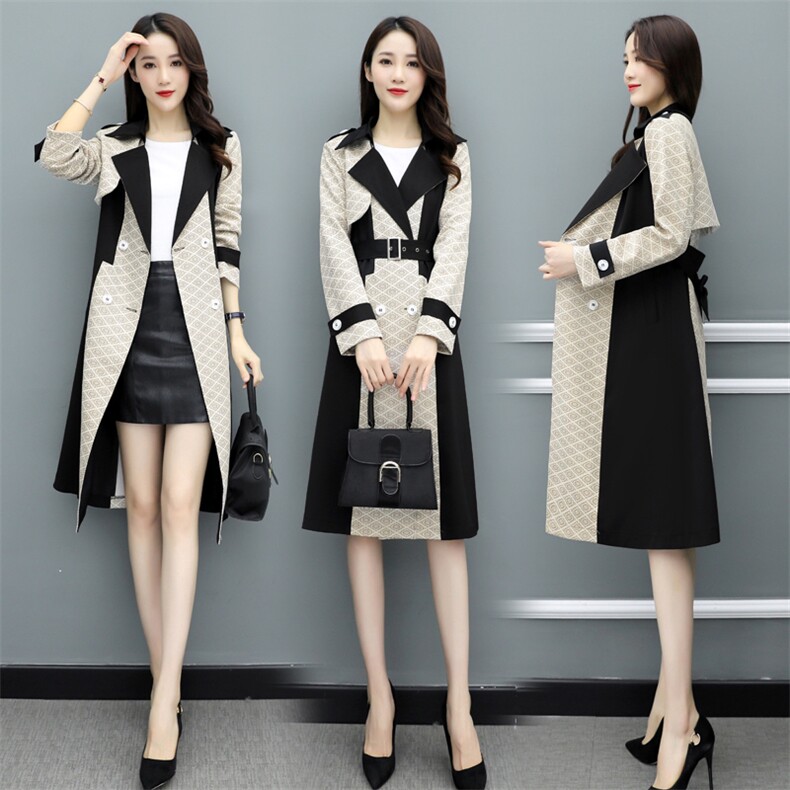 新款风衣女2025年洋气撞色拼接小个子气质显瘦中长款春秋大衣外套，女装风衣，沫晗依美