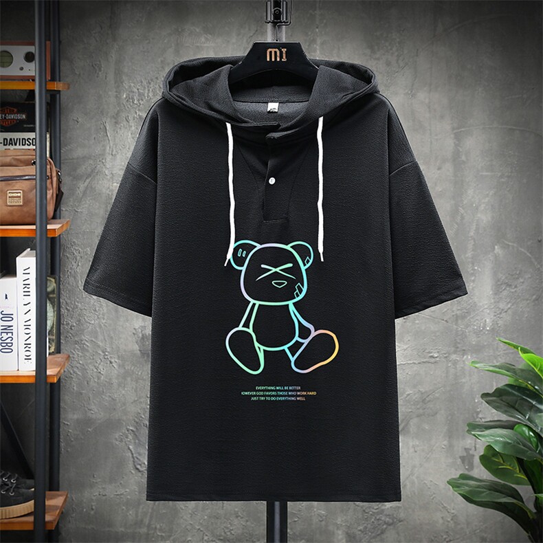 LD54139-P45 连帽短袖t恤男大码胖子带帽五分袖中袖 展架图片