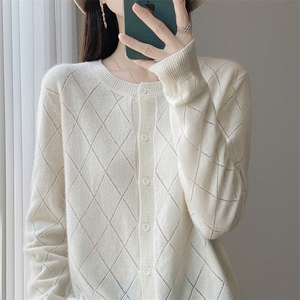 2025新款纯羊毛开衫薄款镂空圆领外搭针织衫秋冬新款宽松上衣外套，女装羊毛衫，吉高羊绒