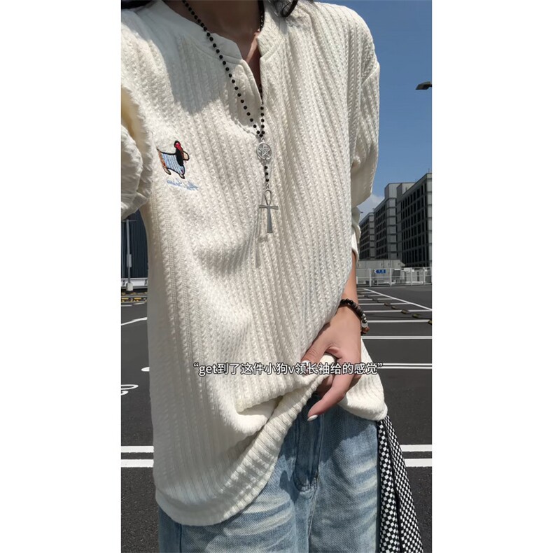 XZ809A/SYR07/特P19/控38  肌理感腊肠狗绣花V领长T恤卫衣图片