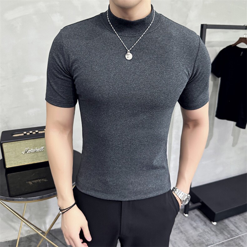 2024春夏打底衫高弹亲肤面料纯色百搭修身半高领短袖T恤9222-p38，男装T恤，电商D303