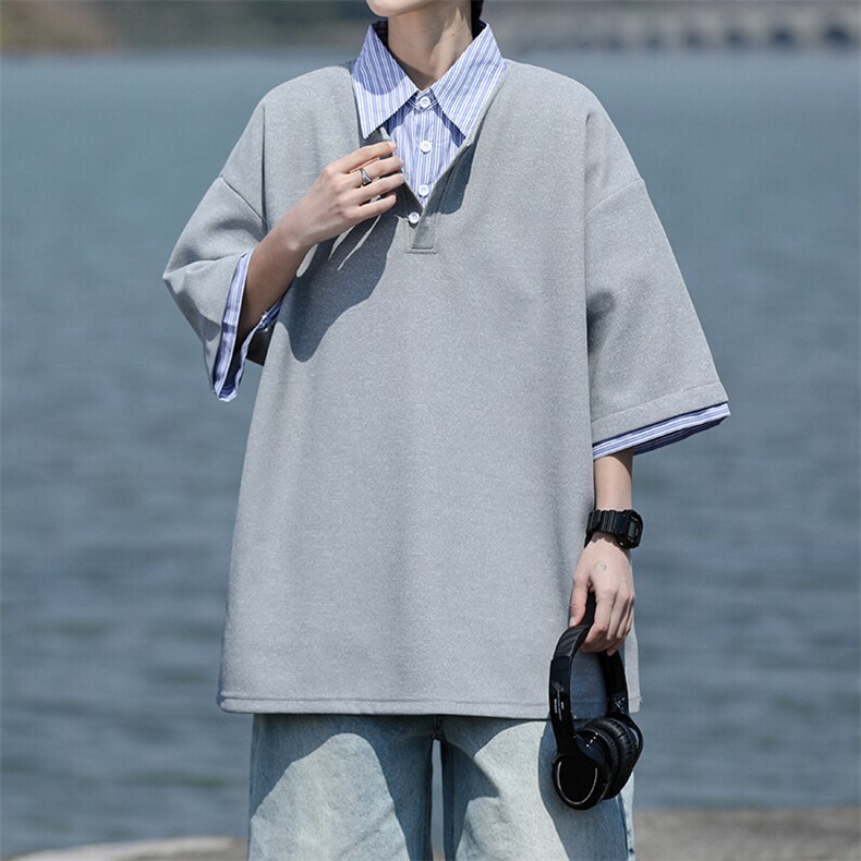 8XL-M假两件衬衫领短袖T恤大码夏季条纹拼接polo衫半袖DX1211/P45,男装T恤,电商B238