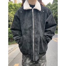 现货重磅硬挺boxy羽绒棉衣座山雕羊羔毛领洗水麂皮棉服冬外套，男装棉衣，电商A486