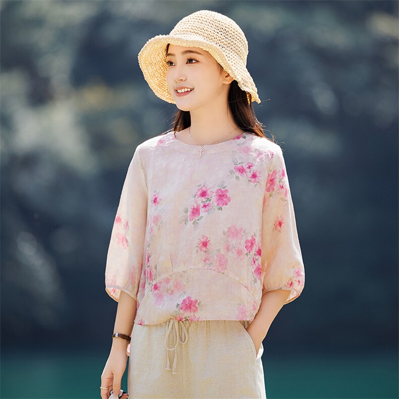 2026年夏季女短袖宽松亲肤透气苎麻文艺风文艺/优雅，女装衬衫，江南依恋