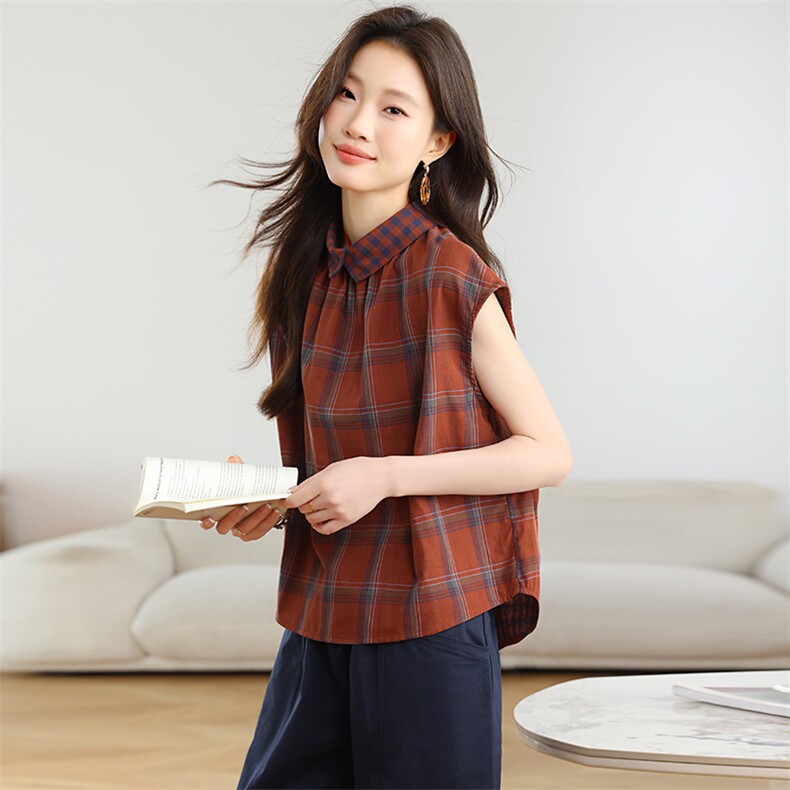 格纹短袖棉麻衬衫女2025夏新款时尚休闲中年妈妈七分裤，女装衬衫，忆绮罗