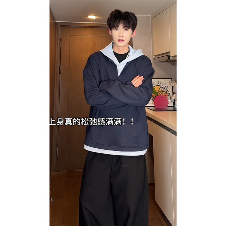 假两件拼色个性潮流连帽卫衣320克高克重情侣款百搭卫衣HY709TP48图片