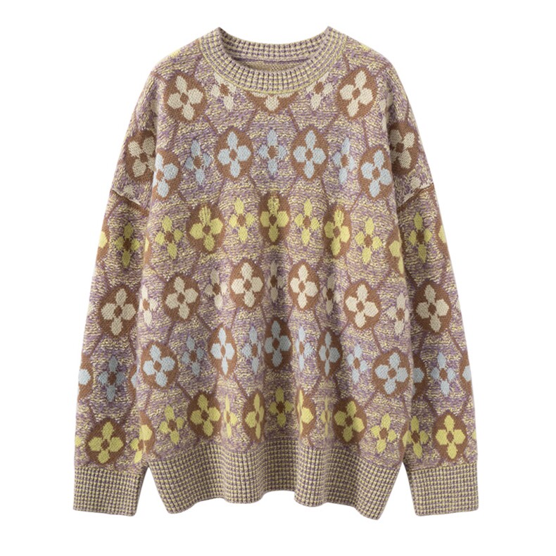 450克~重工四叶草毛巾绣山羊绒衫宽松大毛衣秋冬新款圆领针织上衣，女装针织衫/毛衣，艾森羊绒