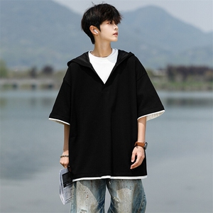 8XL-M假两件短袖卫衣连帽t恤男夏季薄款宽松大码学生半袖DT007P48图片