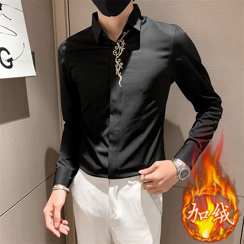 白店主风社会小伙刺绣加绒保暖长袖衬衫男士301A-1/CS310/P65,男装衬衫,星座301A-1
