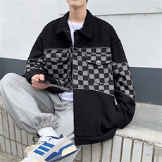 2025春棋盘格拼接牛仔外套男日系休闲情侣男生夹克上衣JK895-P70，男装工装外套，星座1103-3