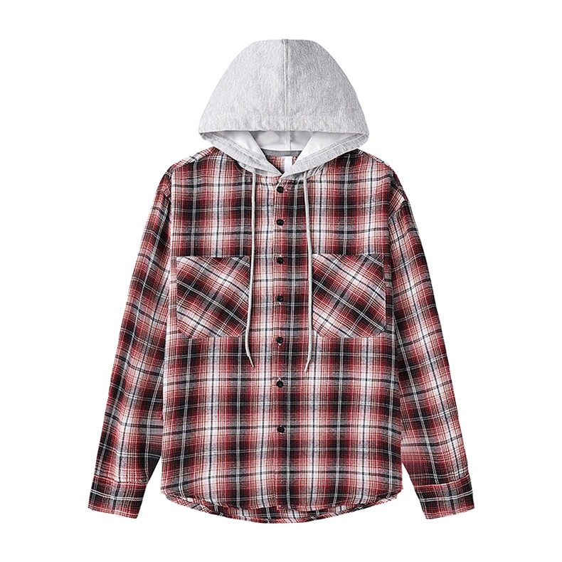 连帽男女同款格子衬衫春秋季日系衬衣外套宽松长袖外套YY8861，男装衬衫，星座1206（原A206）