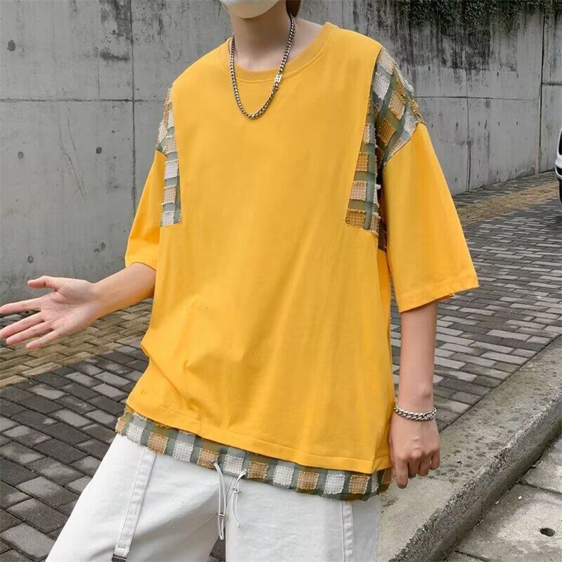 拼接腰果花五分袖T恤男女简约新款夏季ins潮流圆领体恤打底衫,男装T恤,星座506