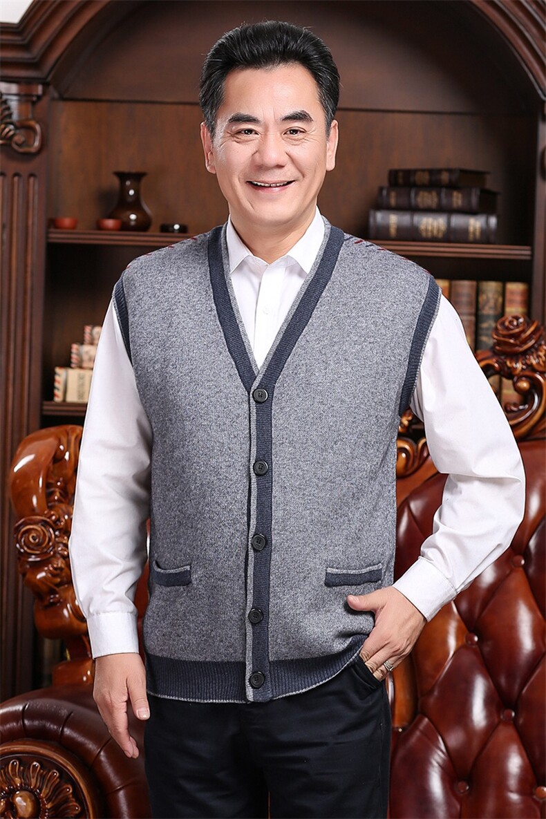 2024秋冬新款中老年男款V领拼色开衫背心马甲,男装羊绒背心,衣恋羊绒