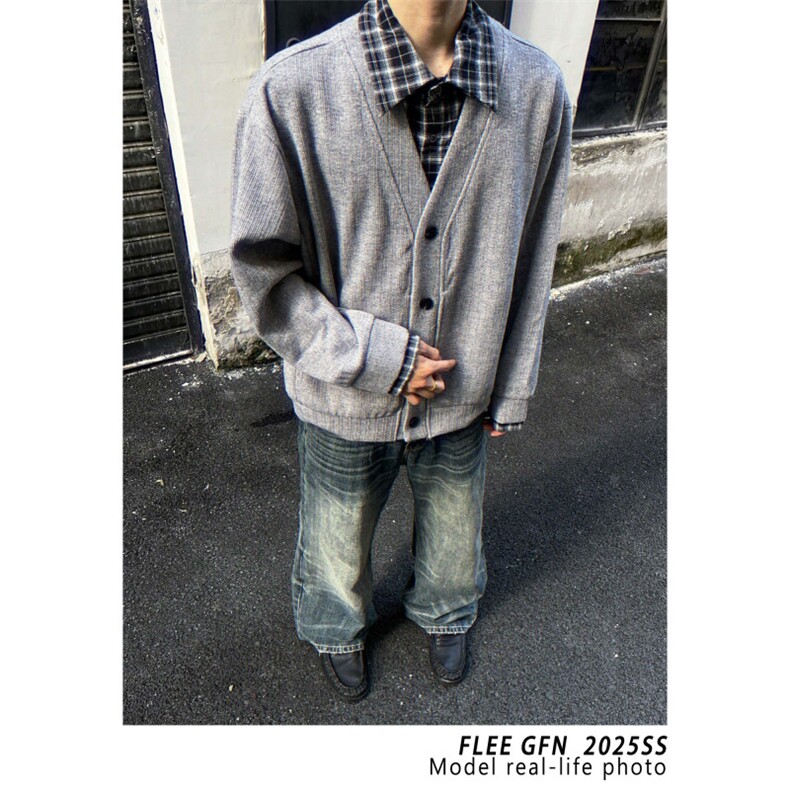 韩系假两件新款潮流拼接衬衫外套男女春秋日系开衫针织懒惰风毛衣,男装针织衫/毛衣,四季星座505