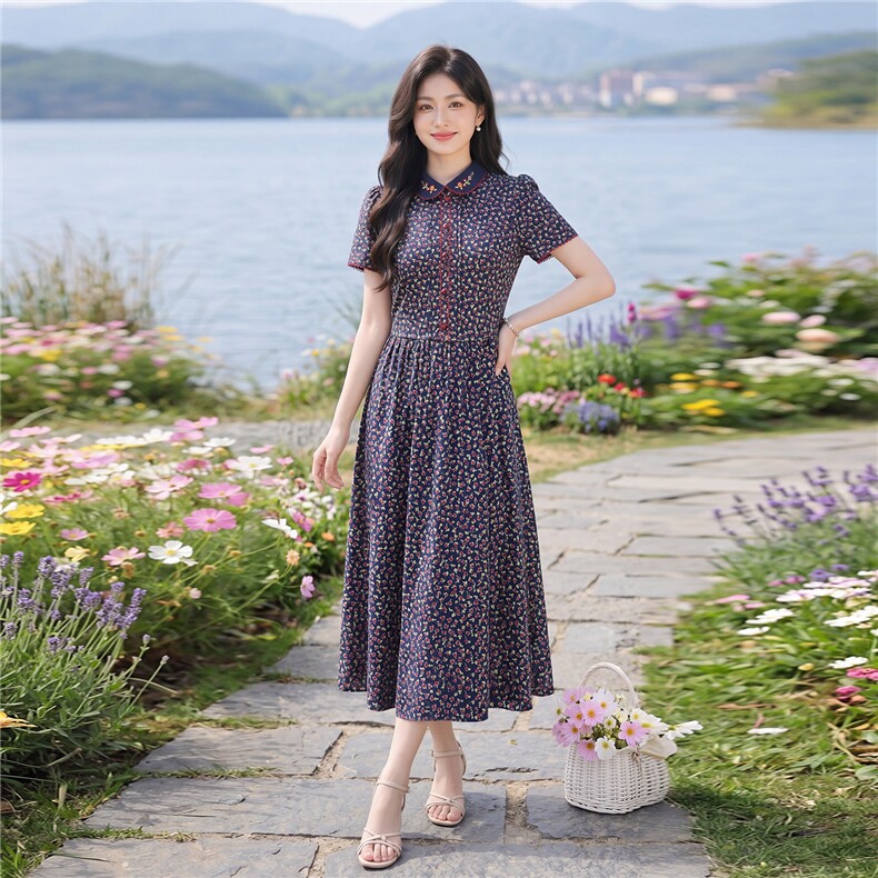 田园风碎花刺绣连衣裙女春夏收腰显瘦中长裙,女装连衣裙,水衣源