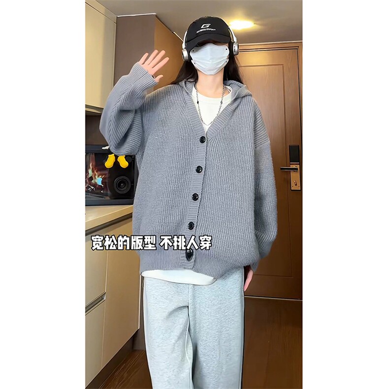 港风V领针织毛衣秋冬潮牌高级感慵懒风宽松开衫上衣HY617TP65图片