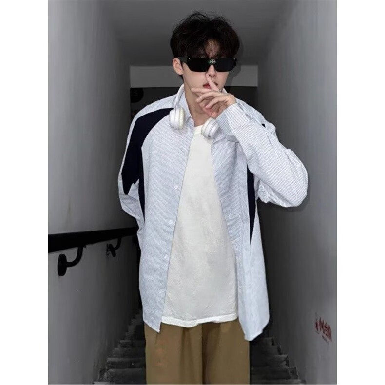 Q7-P39日系cityboy港风竖条纹衬衫男女高级感长袖,男装衬衫,电商B323A
