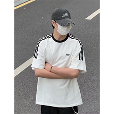 抖音得物供货240克宽松纯棉美式潮牌印花三杠半织带短袖T恤AT1606，男装T恤，电商A443