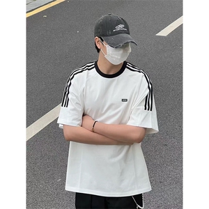 抖音得物供货240克宽松纯棉美式潮牌印花三杠半织带短袖T恤AT1606图片