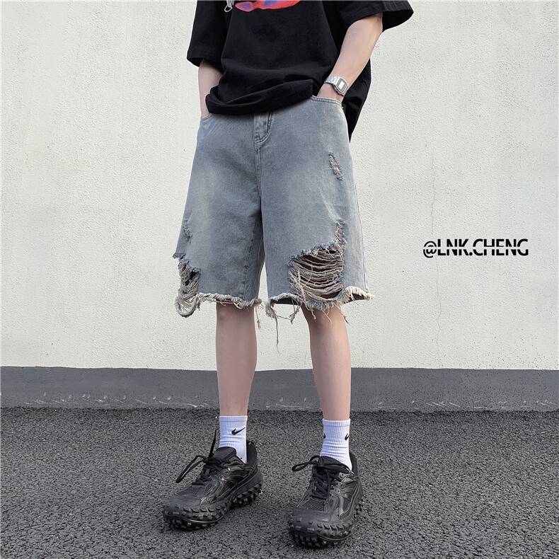 破洞男生百搭夏季撞色牛仔短裤高街D321-DK43-P50图片