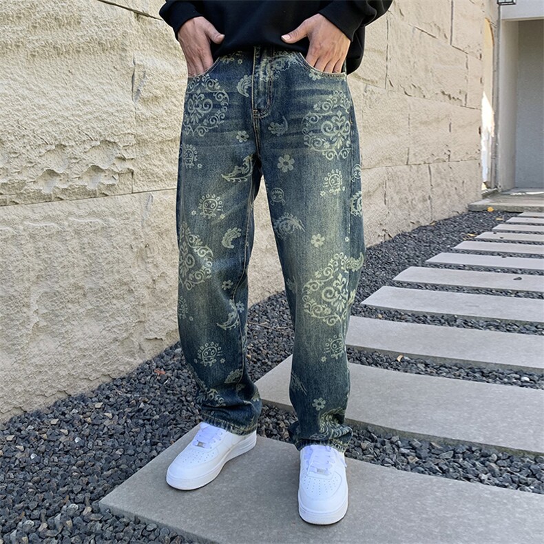 B230档2025秋冬新款高端满印个性提花宽松直筒牛仔裤男9156P100,男装牛仔裤,电商B230