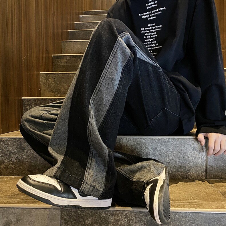 拼接微喇牛仔裤男高街美式设计感痞帅炸街显瘦直筒长裤K0907-P48,男装牛仔裤,星座308B-1