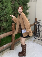 咖色美拉德复古V领羊羔毛外套女2025冬慵懒风保暖加厚毛绒绒上衣，女装短外套，浙宝210（原浙宝191）