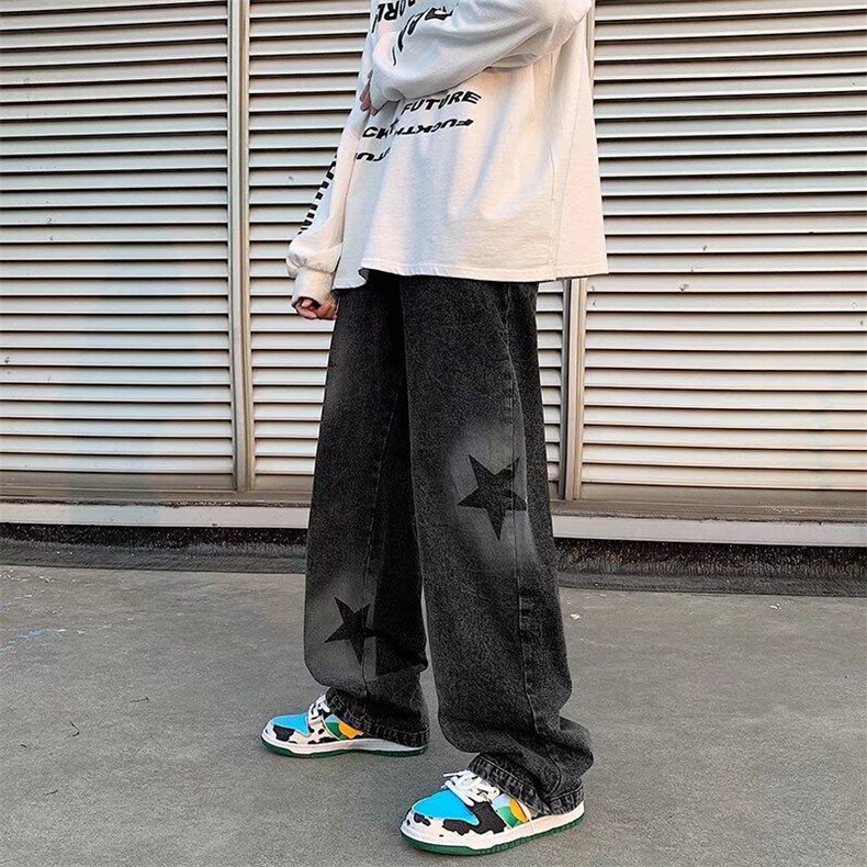 秋季五角星印花牛仔裤男潮牌高街直筒长裤子百搭宽松NZ018-P45，男装牛仔裤，星座1103-2