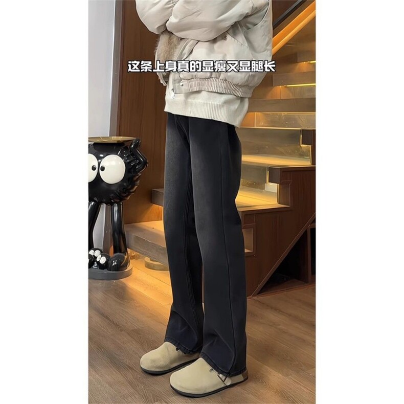 黑色磨白水洗牛仔裤男秋冬美式潮牌加绒弯刀裤直筒微喇裤,男装牛仔裤,四季星座505