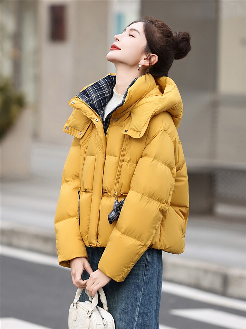 2025冬新款短款防风连帽面包服羽绒服白鸭绒廓形显瘦保暖潮流气质,女装羽绒服,意芙