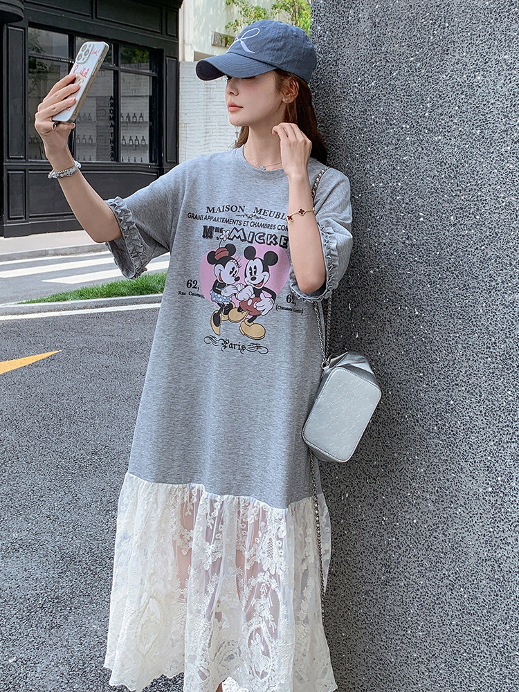 蕾丝拼接灰色T恤连衣裙女夏2025新款休闲气质巨好看长裙今年流行,女装连衣裙,浙宝305