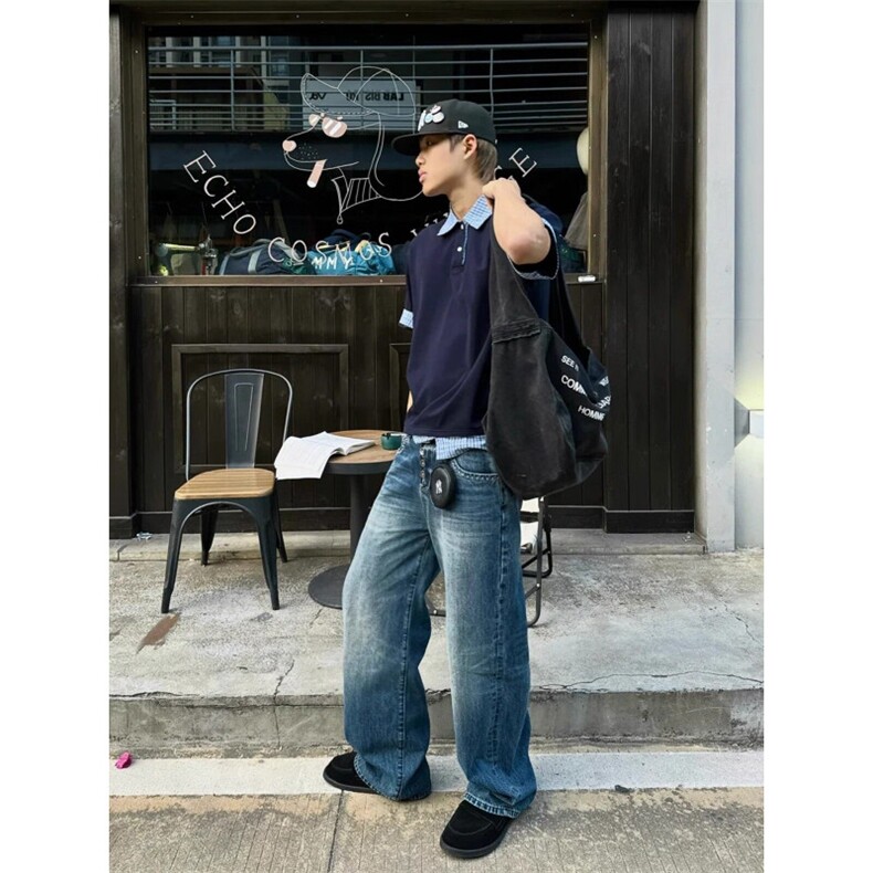 藏青色假两件短袖男款夏季潮牌衬衫拼接t恤重磅美式学院风polo衫,男装Polo衫,四季星座505