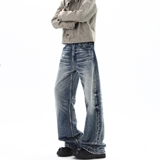 01深海蓝宽松直筒牛仔裤猫须蜂窝通勤长裤男XZ211-1-K2609-P55，男装牛仔裤，星座211-1