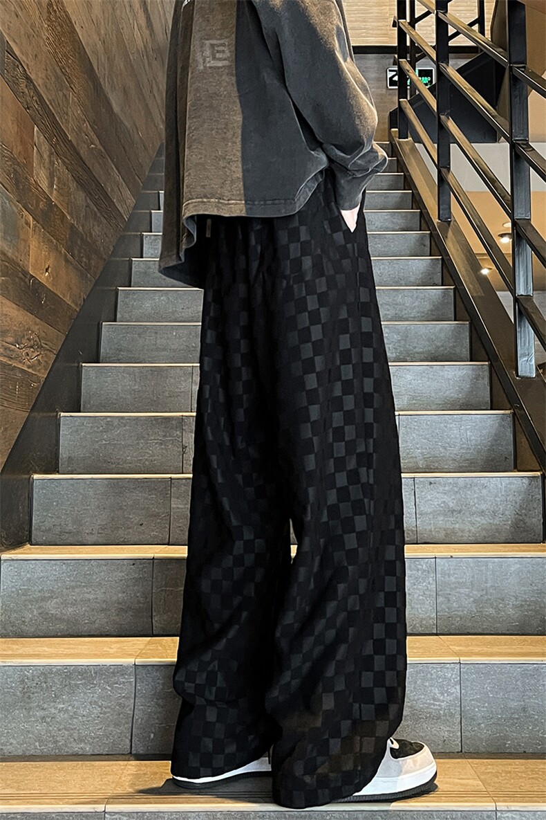 8XL-M特大码港风重磅棋盘格卫裤男士休闲运动裤直筒阔腿裤K961P60,男装休闲裤,电商D206-1